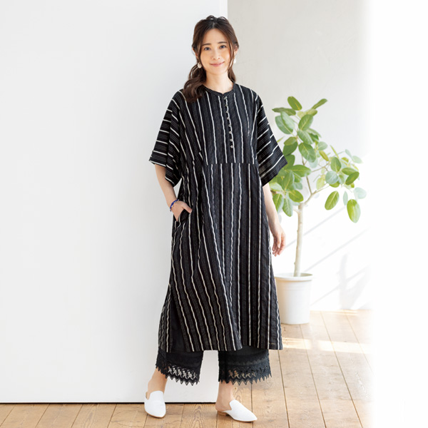 縞織ゆったりワンピース