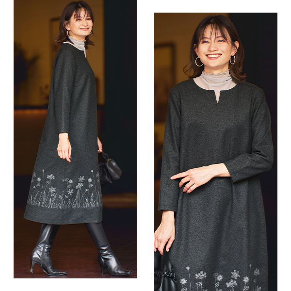 裾パネル刺しゅうワンピース