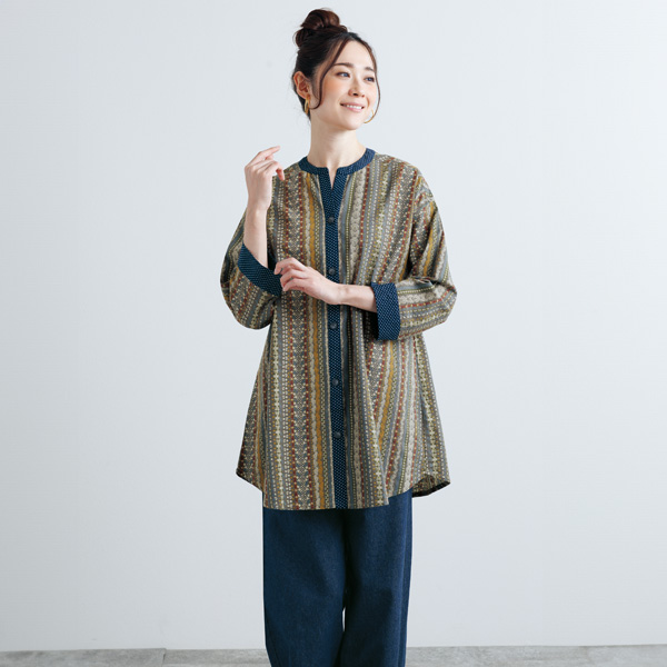 ドット柄切替え 多彩柄シャツチュニック | 京都通販ミセスの