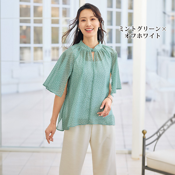 ツイスト襟ドットブラウス 大きいサイズ M L LL 3L