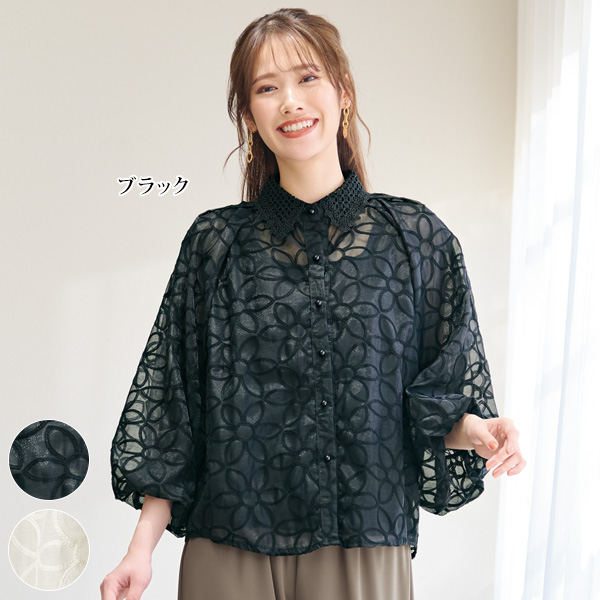 花柄刺しゅう シアーブラウス