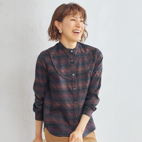 先染めコットン格子柄シャツ