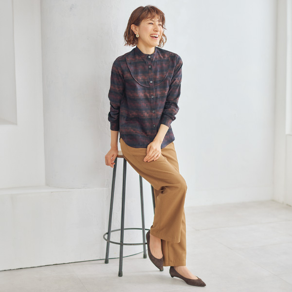 先染めコットン格子柄シャツ