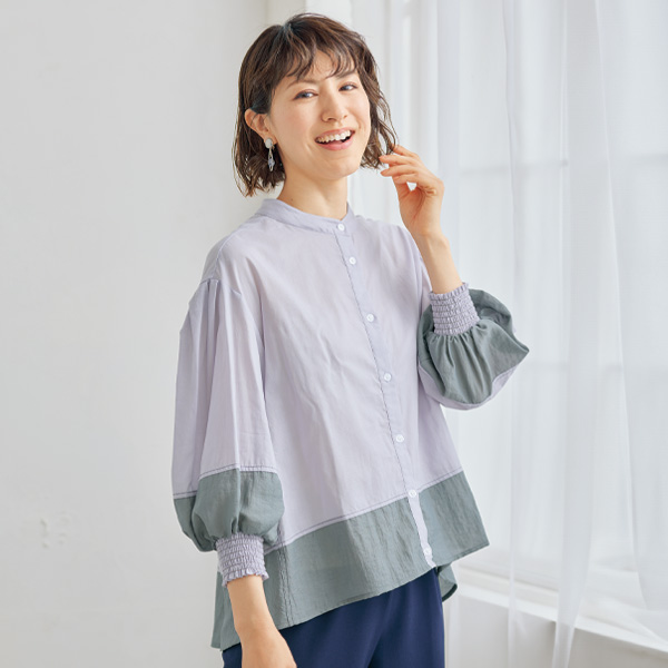 ギャザー使い異素材切替えシャツ