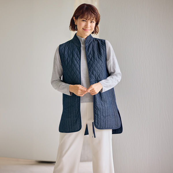 薄中わたキルト切替えデニムベスト
