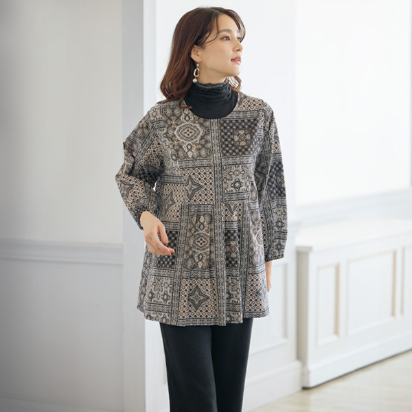 ブザム切替えプリントチュニック 大きいサイズ M L LL 3L