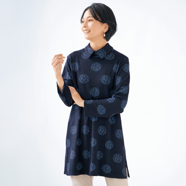 シャツ襟風ドット柄チュニック