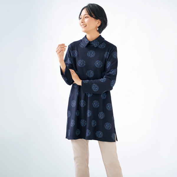 シャツ襟風ドット柄チュニック