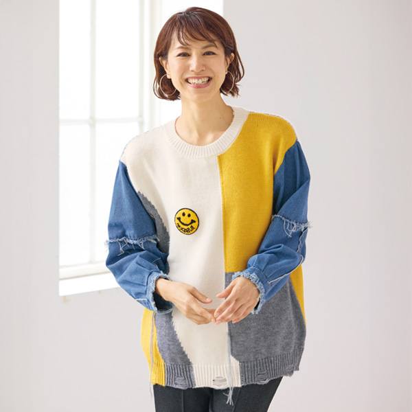 デニム切替え配色ニットプルオーバー