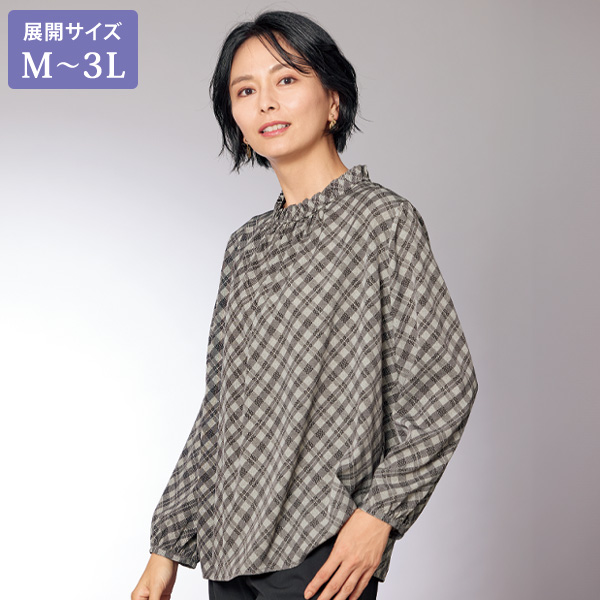 フリル襟プリントブラウス 大きいサイズ M L LL 3L