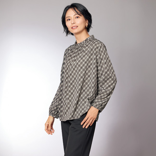 フリル襟プリントブラウス 大きいサイズ M L LL 3L