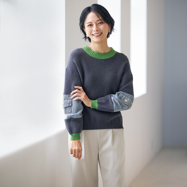 デニム切替えニットプルオーバー