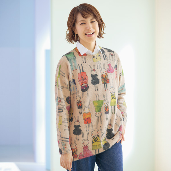 彩りイラストプリントセーター