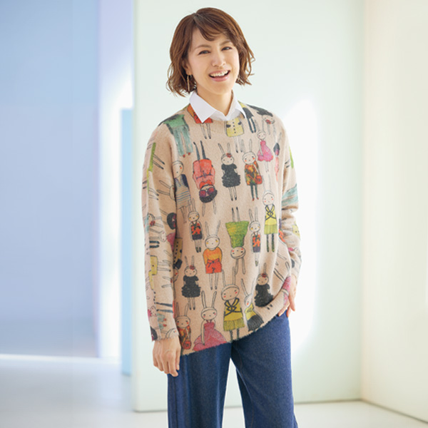 彩りイラストプリントセーター