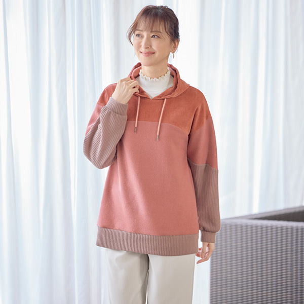 異素材切替えパーカープルオーバー