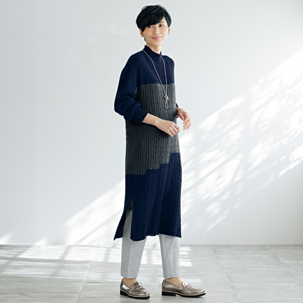ブロック配色ニットワンピース