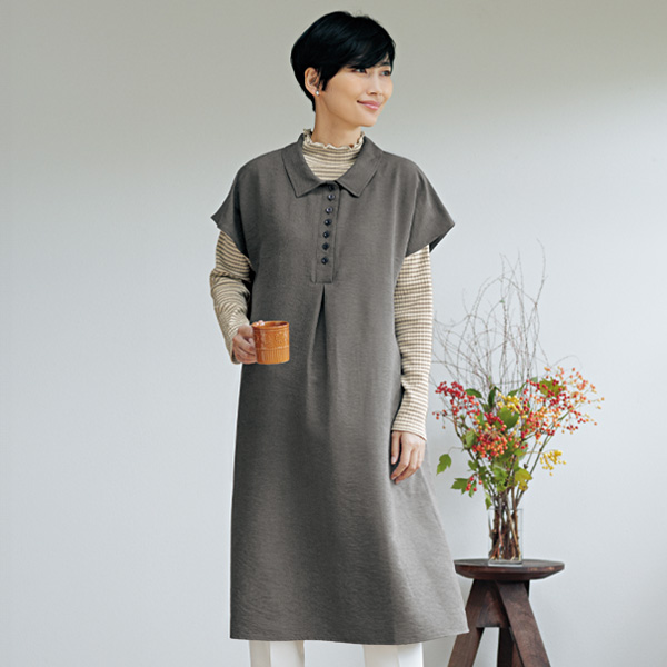 襟付き多ボタンチュニックワンピース