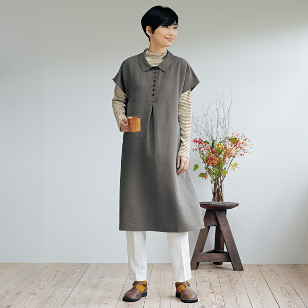 襟付き多ボタンチュニックワンピース