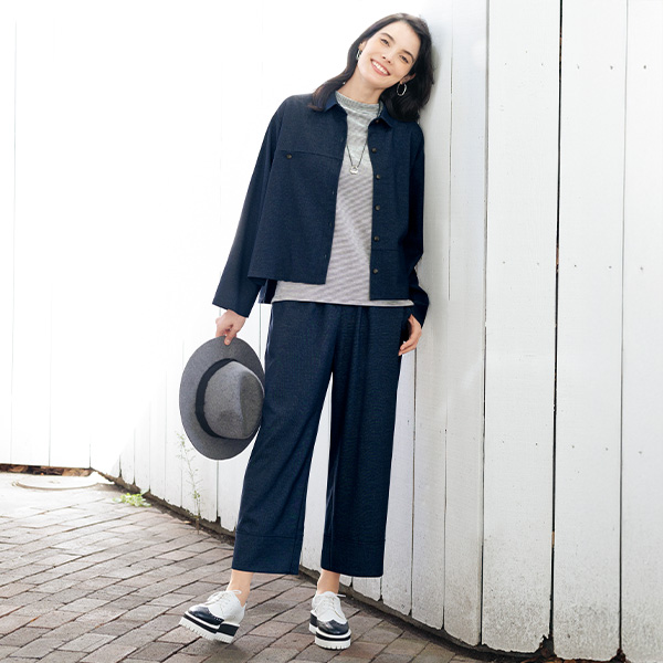 柔らかデニムライクセミワイドパンツ