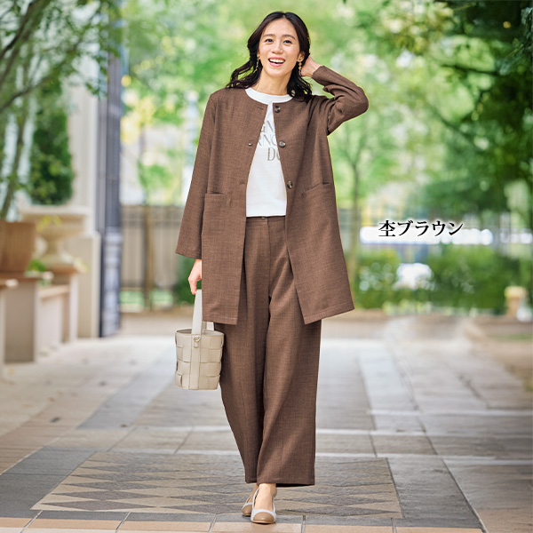 麻調素材ノーカラーロングジャケット