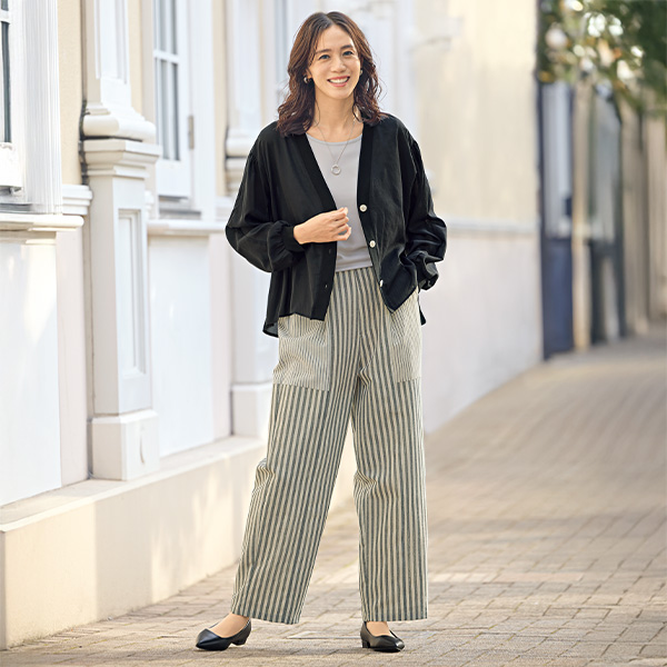 ストライプ切替えセミワイドパンツ