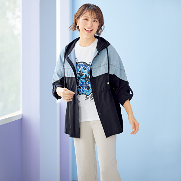 デニム切替えフード付きシャツジャケット