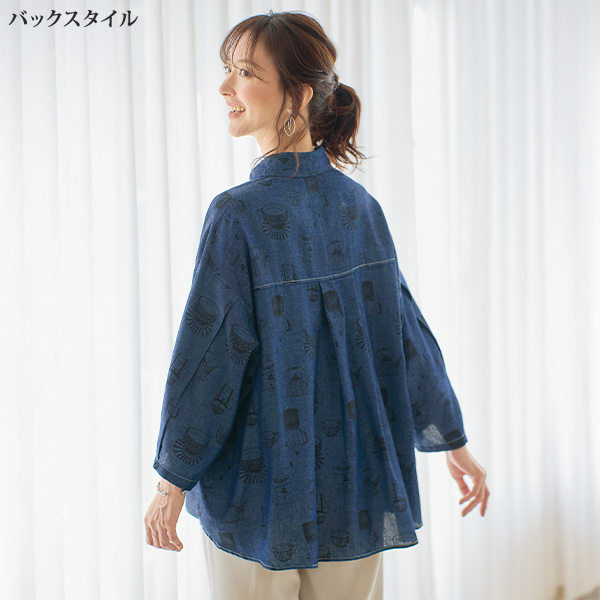 イラストプリントダンガリーシャツ