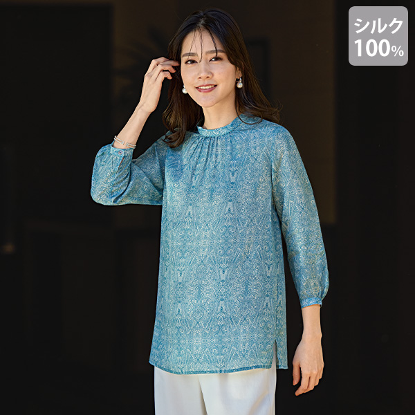シルク100％総プリントブラウス