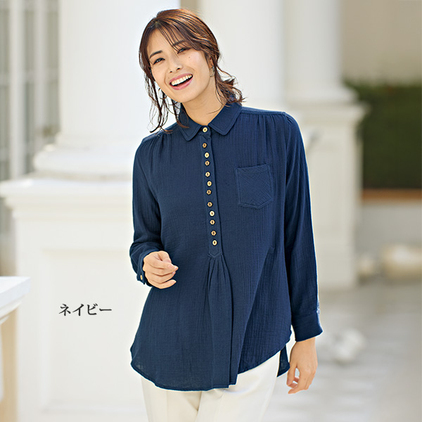 コットンガーゼ多ボタンシャツチュニック