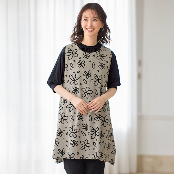 花柄フロッキーカットソーチュニック