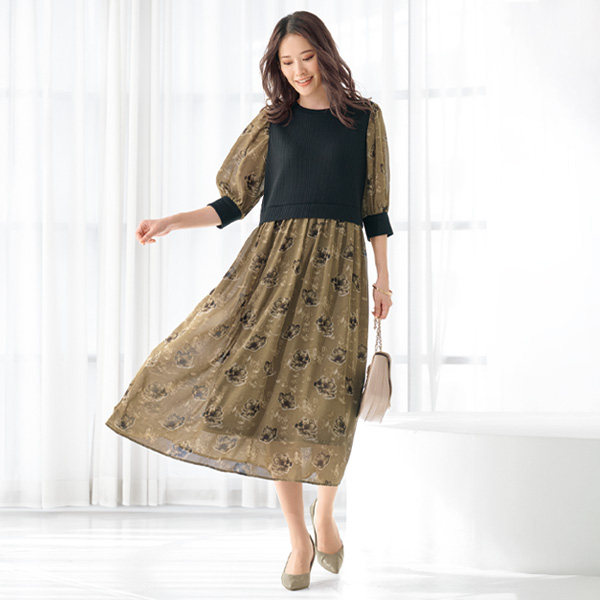 プリント切替えワンピース 大きいサイズ M L LL 3L