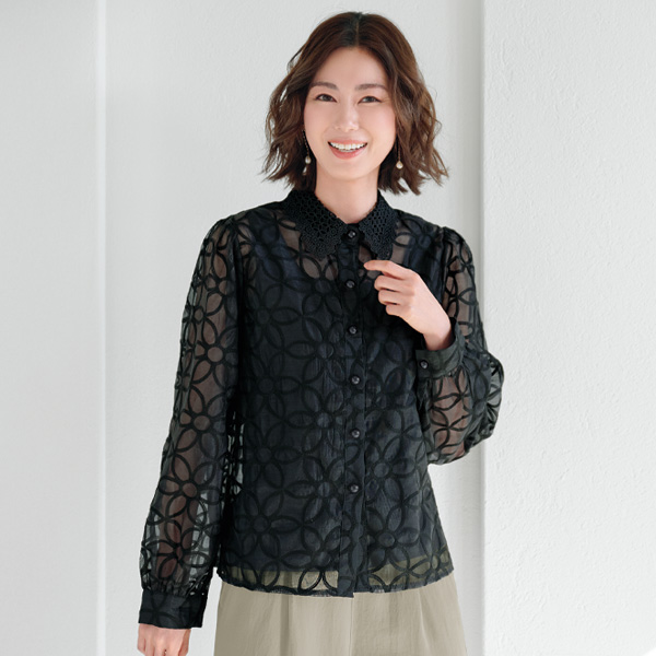 花柄刺しゅうシアーシャツ