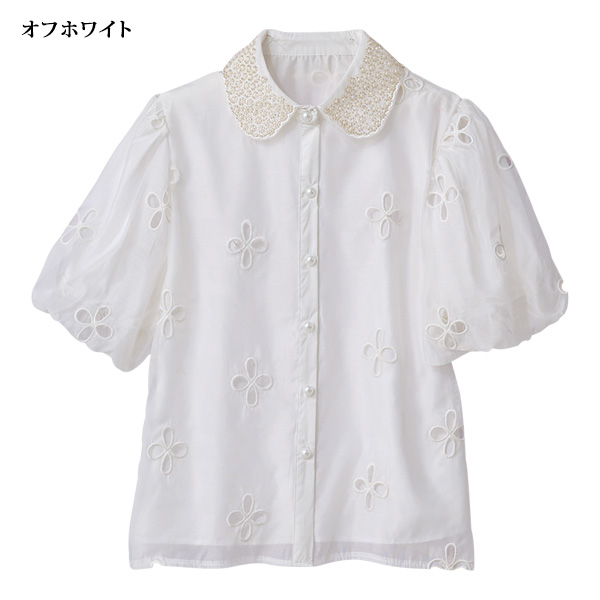 ビジュー襟刺しゅうブラウス
