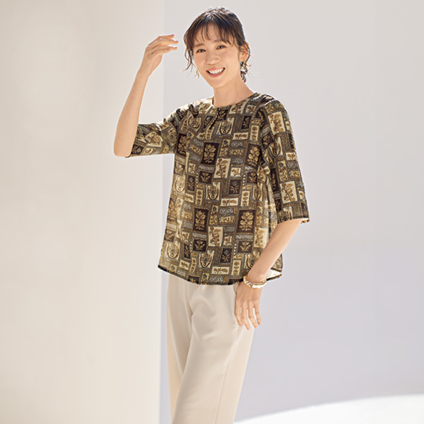 麻入りブロックプリントブラウス 大きいサイズ M L LL 3L
