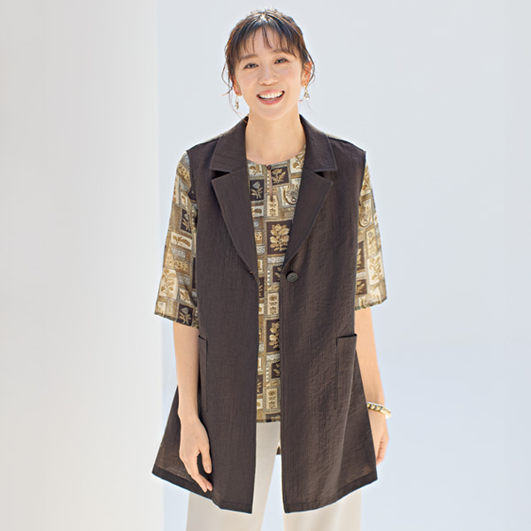 麻入りブロックプリントブラウス 大きいサイズ M L LL 3L