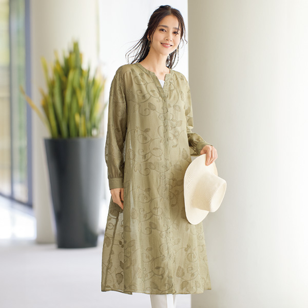 麻混リーフ刺しゅうシアーワンピース