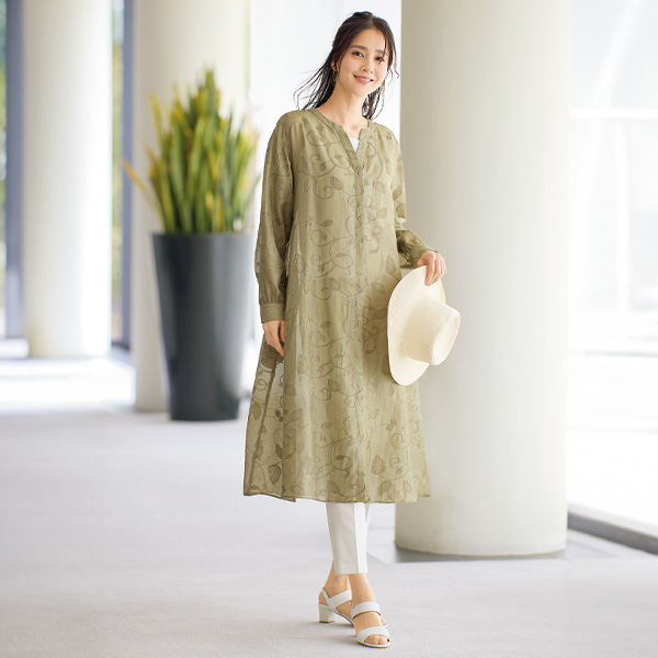 麻混リーフ刺しゅうシアーワンピース