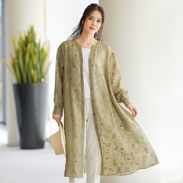 麻混リーフ刺しゅうシアーワンピース