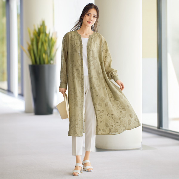 麻混リーフ刺しゅうシアーワンピース