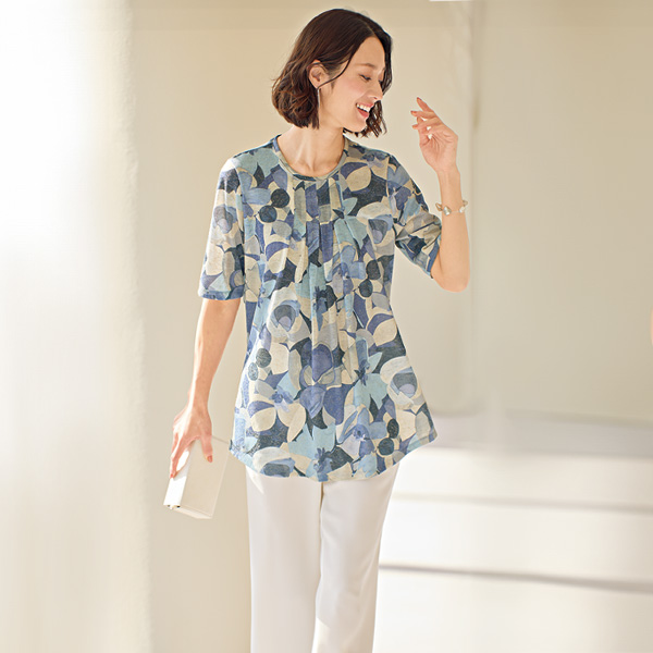 麻混カットソープリントチュニック
