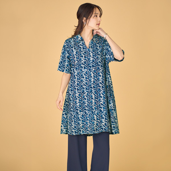 インド綿 藍染スキッパー襟チュニック