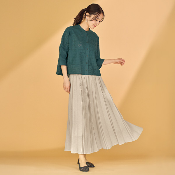 麻調メッシュプリーツロングスカート