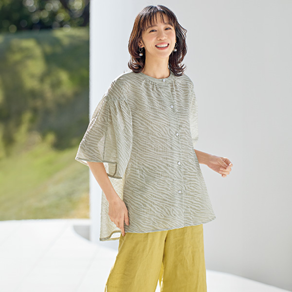 シアージャカード織フレアブラウス 大きいサイズ M L LL 3L