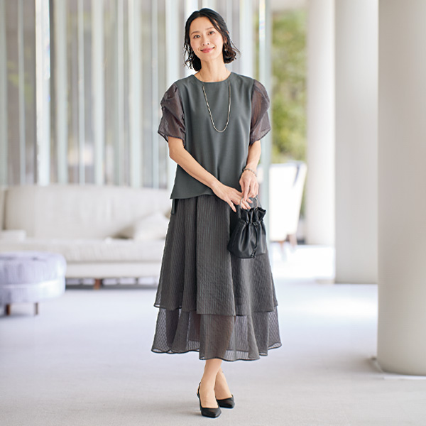 デザインスリーブ異素材使いブラウス 大きいサイズ M L LL 3L