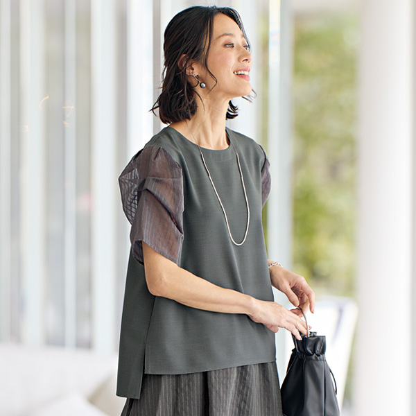 デザインスリーブ異素材使いブラウス 大きいサイズ M L LL 3L