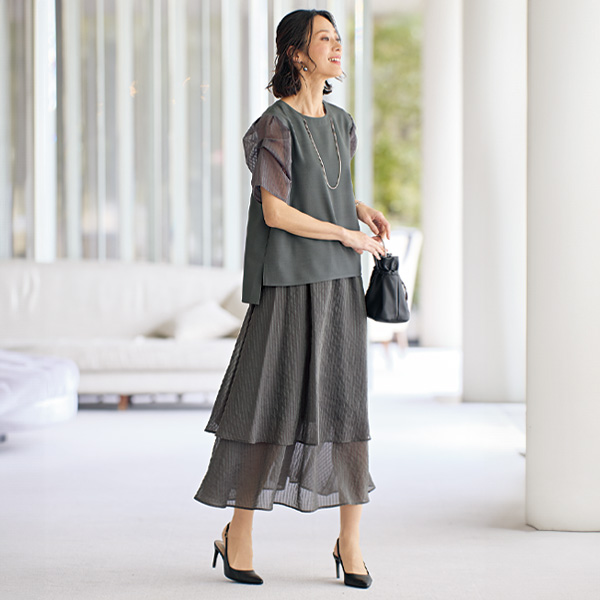 デザインスリーブ異素材使いブラウス 大きいサイズ M L LL 3L