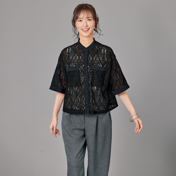 レース使いバンドカラーシャツ