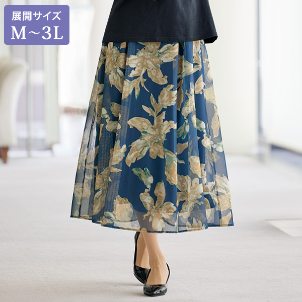 メッシュ素材プリントスカート 大きいサイズ M L LL 3L