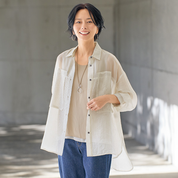 ストライプ切替えシアーシャツチュニック