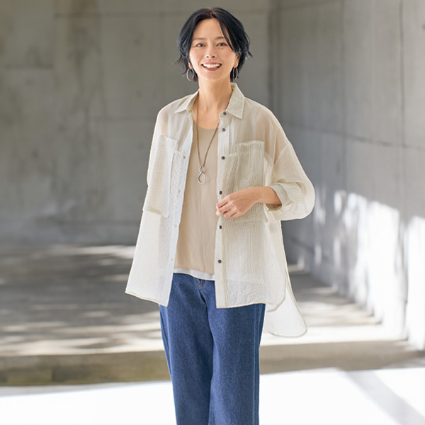 ストライプ切替えシアーシャツチュニック